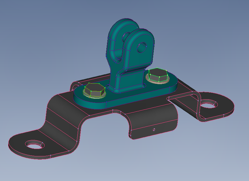 Completed CAD geometry of the pinned clevis and formed base bracket assembly in Femap